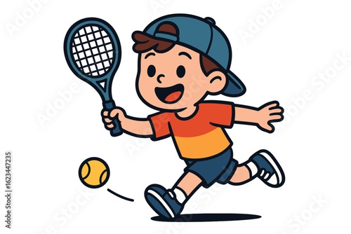 Vector illustration of a young boy playing tennis with a racket