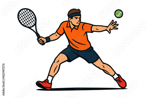 Vector illustration of a male tennis player stretching to return a shot