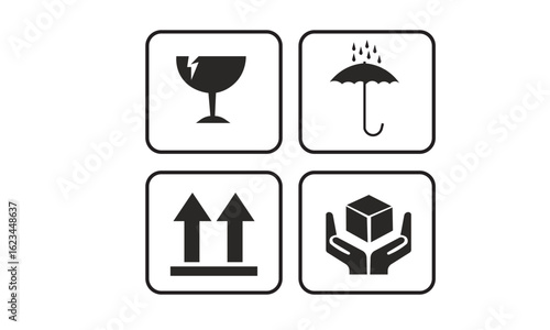 Fragile or Breakable Material Packaging Symbol, set of standard international packaging symbols used to provide handling instructions for packages