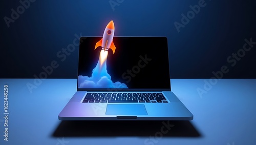 A laptop displaying a rocket launching from the screen with smoke and a dark blue background scene