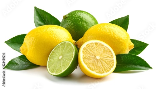 Wallpaper Mural Fresh Citrus Fruits: Lemons and Limes with Green Leaves on White Torontodigital.ca