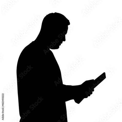 Man silhouette using digital tablet on white background. Silhouette presents male figure absorbed in reading with modern device, showcasing focus and concentration.