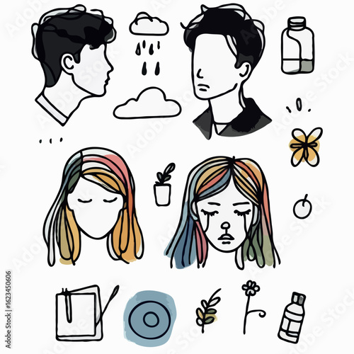 Line Art Collection Faces and Abstract Figures. Sketches of Stylish Young People Minimalist Line Art.
