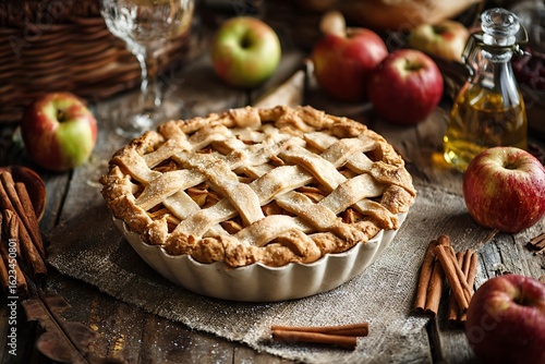 Fototapeta Naklejka Na Ścianę i Meble -  Celebrate autumn with a delicious homemade apple pie perfect for Thanksgiving or cozy fall baking projects and recipes