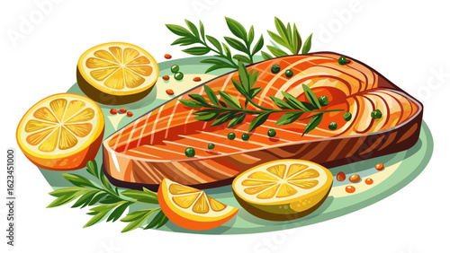 Grilled salmon steak rests beautifully on a white background, accented by bright yellow lemons and fresh herbs. The semi-realistic vector reveals juicy textures, charred lines, and soft herbal highlig