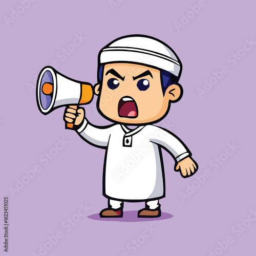 Furious Muslim boy shouts into a megaphone while wearing a traditional white thobe and kufi