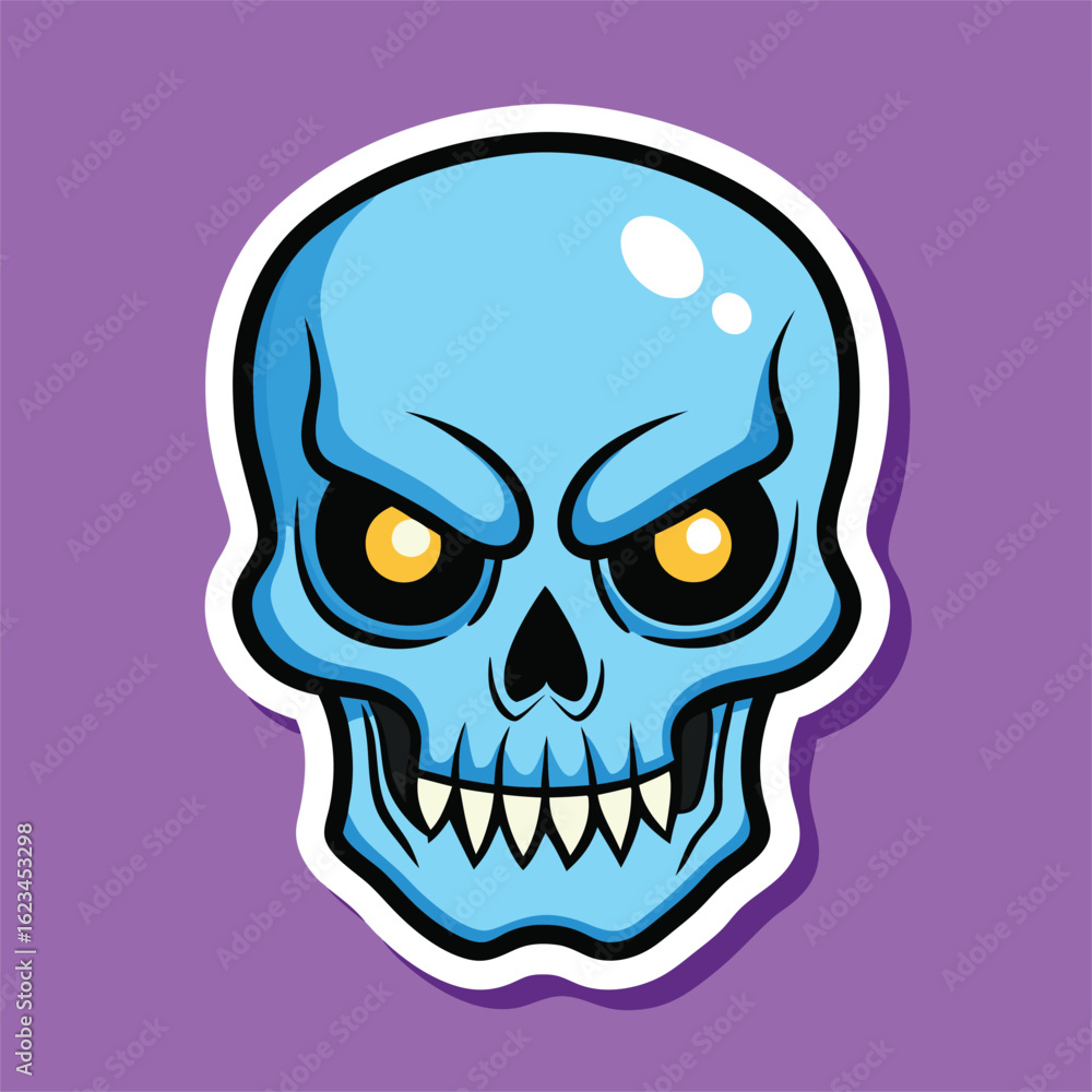 Fototapeta premium Golden eyes pierce from the light blue skull over a violet background with sinister intent