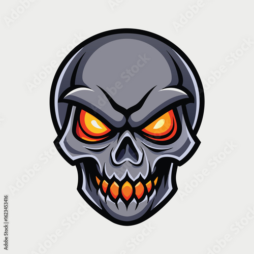 Frontal skull shows a menacing gray cranium with glowing orange eyes and teeth