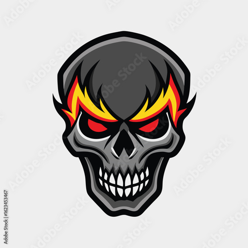 Gray skull with red eyes and a fiery head looks rather formidable against white