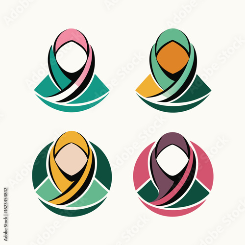 Four colorful woman head covering sets represent diverse cultural apparel in a simple style