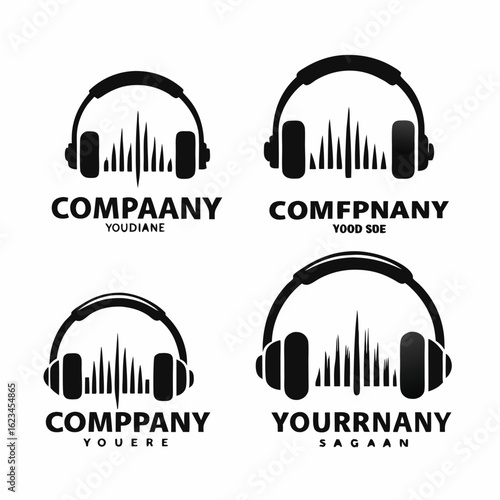 Four headset designs show waveforms and company names in a stark black and white scheme