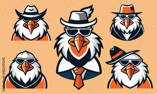 Five cartoon eagles wearing hats and sunglasses, each exhibiting different stylish attire on an orange background