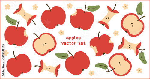 Hand drawn red apples illustration. Whole, half, bitten. Vector isolated set, editable elements with transparent background. Back to school. For design, poster, textile, wallpaper, packaging, stickers