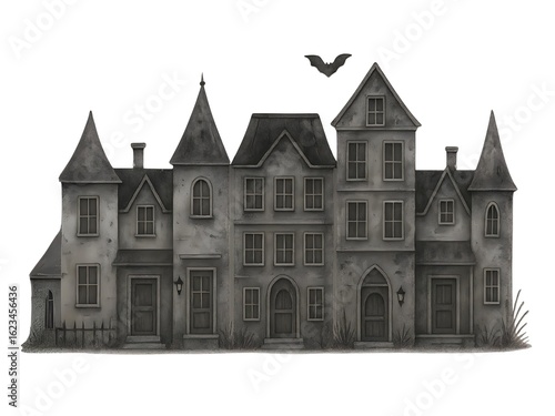 Haunted Gothic Mansion with Bat – Spooky Halloween House Illustration