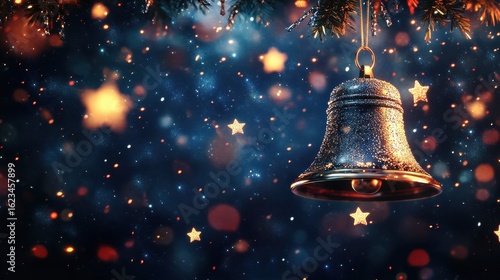 A beautifully colored drawing of a Christmas bell surrounded by twinkling stars with glowing accents