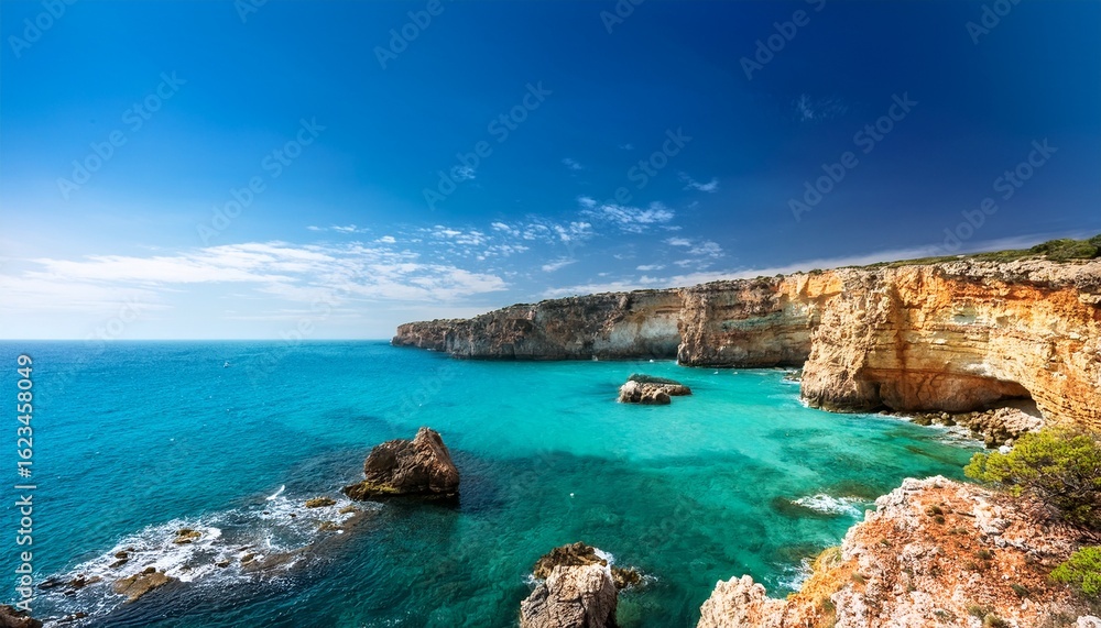 vibrant coastal landscape featuring rocky cliffs and clear turquoise waters on a sunny day vibrant coastal landscape featuring rocky cliffs and clear turquoise waters on a sunny day