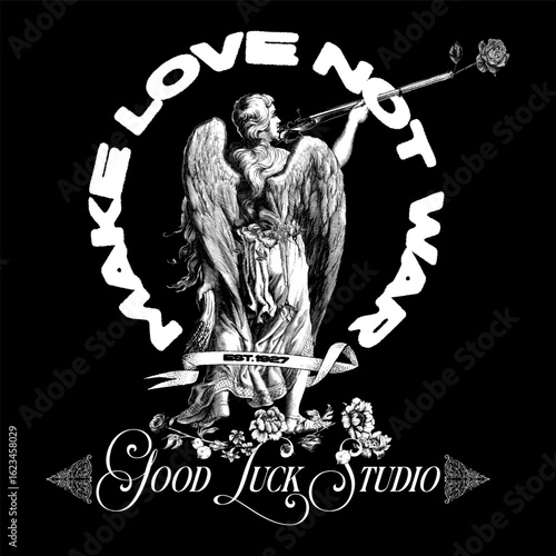 Vintage-style graphic of an angel holding a rifle that releases roses, with a bold streetwear typography and floral details. Ideal for fashion prints and urban apparel projects