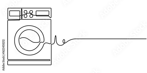 continuous one line drawing of washing machine, Clothes washing machine outline drawing illustration,   Laundry washing machine in single line draw vector illustration. Editable vector. 