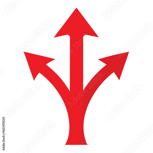 Dynamic red arrow with three splitting tips spreading upwards for advertising and banners