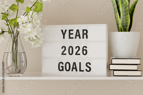 Bild auf Leinwand A lightbox displaying the words Year 2026 Goals on a shelf with books and plants