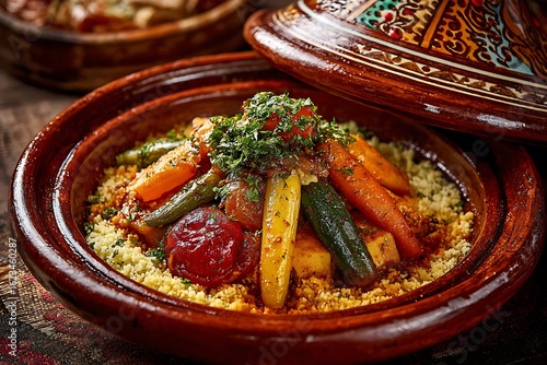 Authentic Moroccan tagine with vibrant vegetables and couscous in traditional ceramic pot for healthy Mediterranean diet promotion