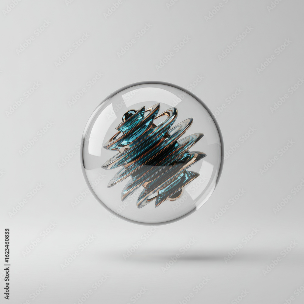 Fototapeta premium 3d Abstract Glass Sphere With Layered Inside Elements, Floating On White Background