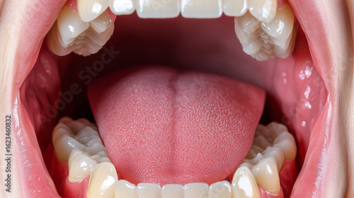 Close up inside a human mouth with teeth and tongue visible