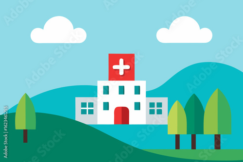 Modern flat design hospital building with red cross symbol and trees