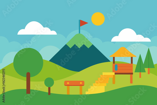 Flat design landscape with a mountain peak and a flag