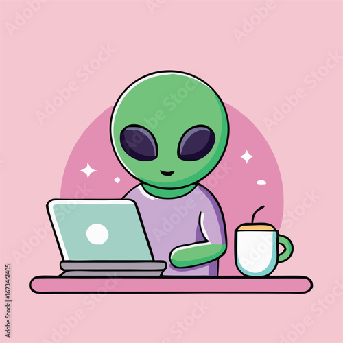 Happy green alien is using the laptop with coffee on a pink table