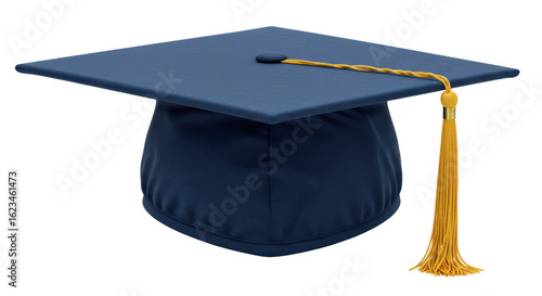 Blue graduation cap with gold tassel isolated on transparent background
