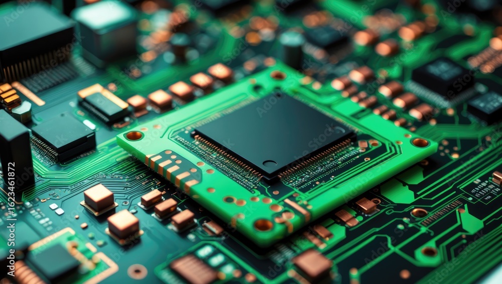 Obraz premium Close-up of a microprocessor on a circuit board, highlighting technological components and electronics.