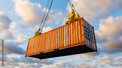 Orange Shipping Container Suspended in Air by Crane against a Cloudy Sky