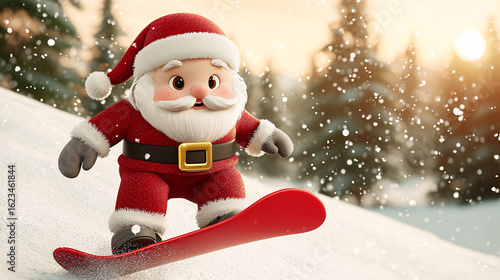 Cartoon Santa Claus Snowboarding in a Winter Wonderland with Falling Snowflakes