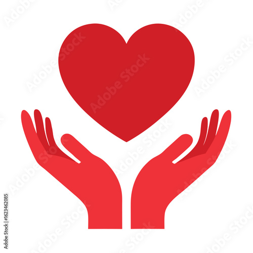 Gentle embrace of a red heart held by two caring hands in a flat design style