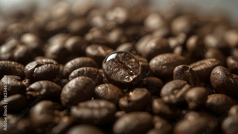 Fototapeta premium Photorealistic Macro Shot of Freshly Roasted Coffee Beans with a Single Reflective Water Droplet - Perfect for Coffee
