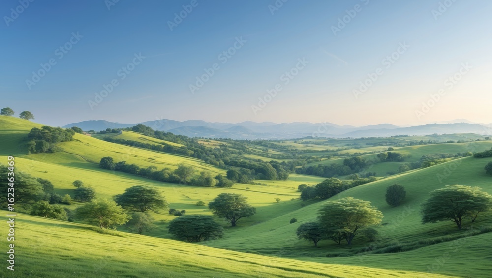 Obraz premium Lush green hills and trees in rolling landscape during daytime with clear sky