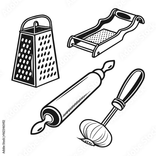 Food preparation tools silhouette pack – grater, peeler, rolling pin, meat tenderizer, garlic press, colander – black and simple
