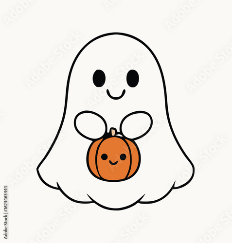 Happy cute ghost holds a little smiling pumpkin, creating festive Halloween spirit with transparent background