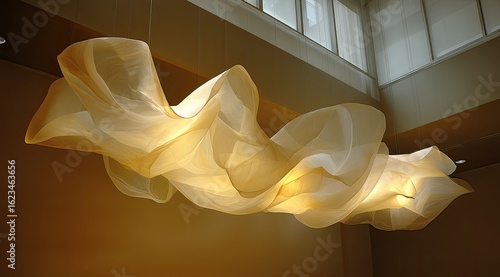 Flowing, luminous fabric sculpture hangs from high ceiling
