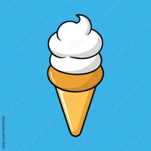 Creamy white ice cream is perfectly placed on a delicious brown cone against blue