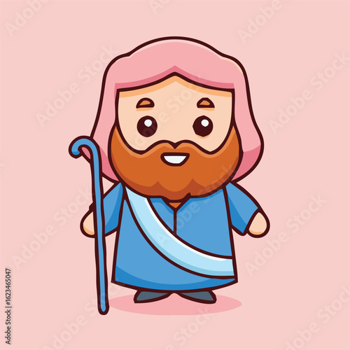 Cute shepherd character with pink hair is holding a blue walking stick and smiling