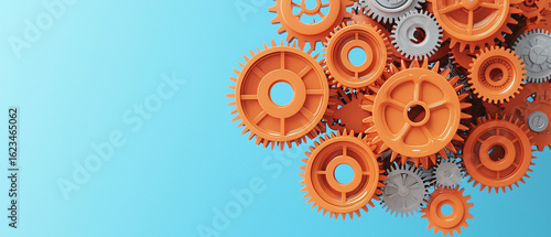 Orange Gears on Blue Background Conceptual Illustration of Teamwork and Collaboration