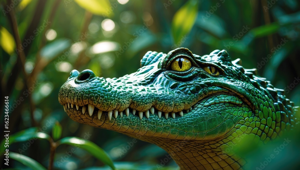 Fototapeta premium Close-up of a crocodile's head among green foliage, showing detailed scales and sharp teeth. Wildlife and nature, animal life, predator, natural habitat.