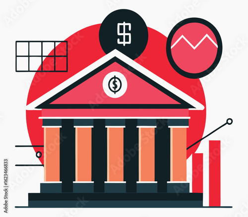 Geometric building stands amid dollar signs and fluctuating lines in a stylized scene