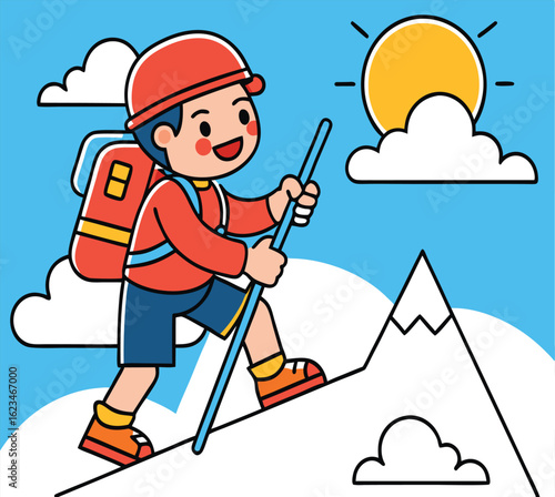 Joyful young man with a backpack is hiking up a white mountain cheerfully