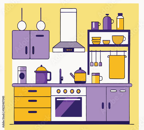 Kitchen displays yellow and purple cabinets, utensils, along with a kitchen extractor fan
