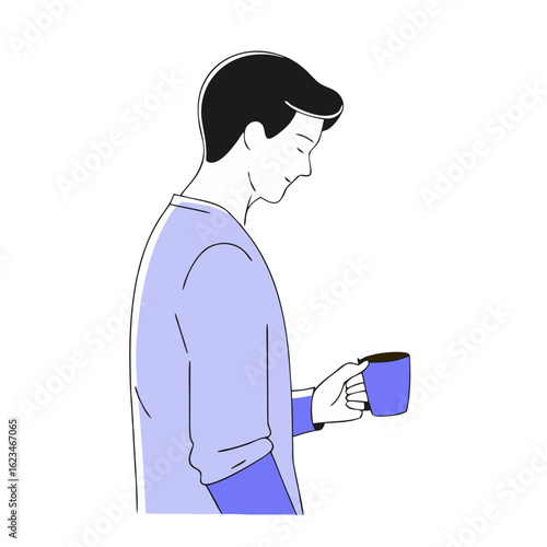 Tired Man Holding Cup of Coffee Flat Illustration