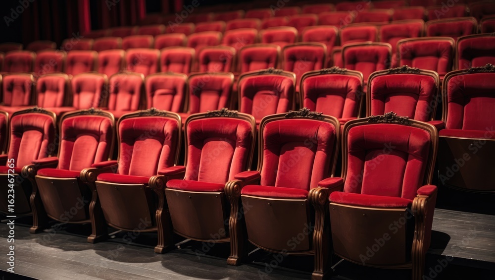 Naklejka premium Empty theater seats with red upholstery arranged in rows.