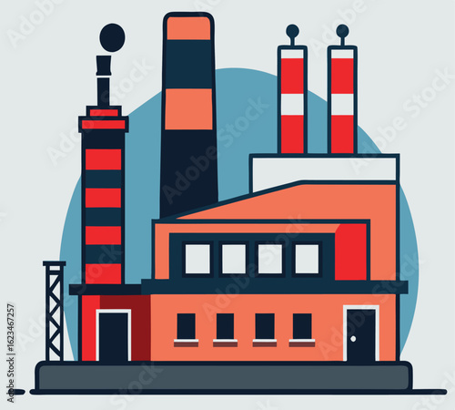 Industrial building shows a simplified factory with chimney stacks and bold colors on a light backdrop
